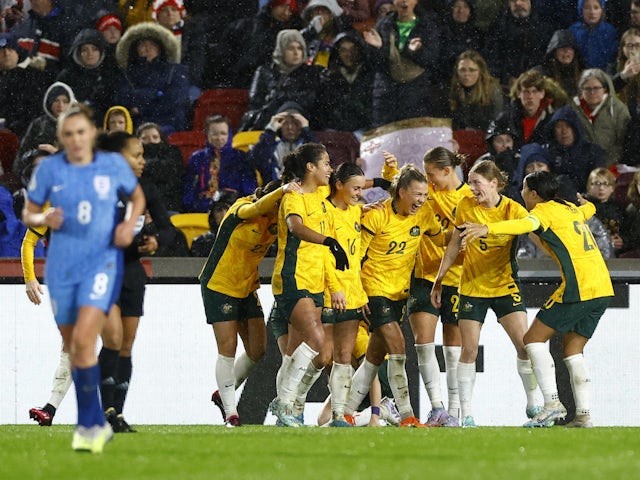 Australia Women's Charlotte Grant celebrates scoring their second goal with teammates on April 11, 2023