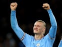 Manchester City's Erling Braut Haaland celebrates after the match on April 11, 2023
