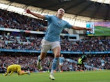 Erling Braut Haaland celebrates scoring for Manchester City on April 15, 2023