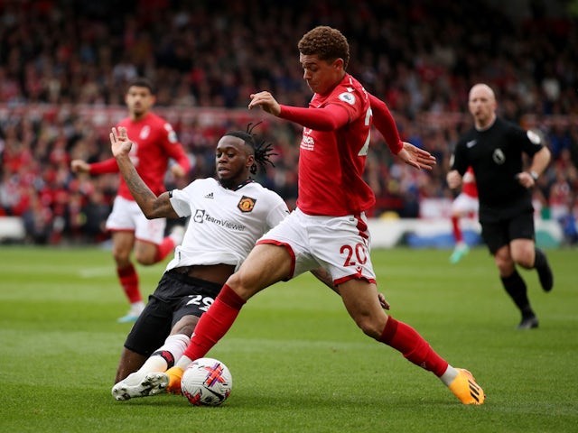 Manchester United's Aaron Wan-Bissaka in action with Nottingham Forest's Brennan Johnson on April 16, 2023
