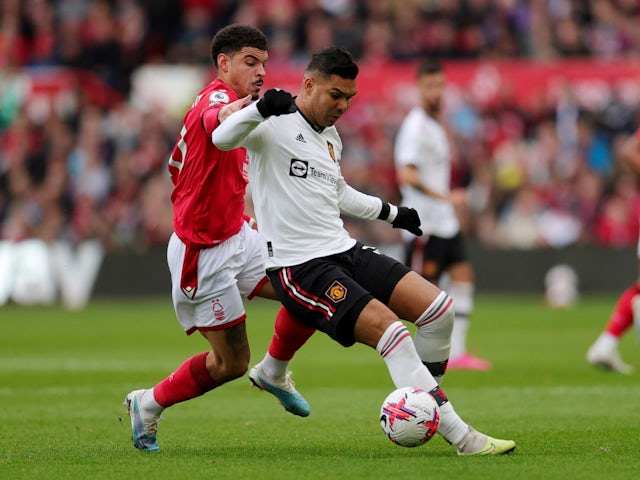 Nottingham Forest's Morgan Gibbs-White in action with Manchester United's Casemiro on April 16, 2023
