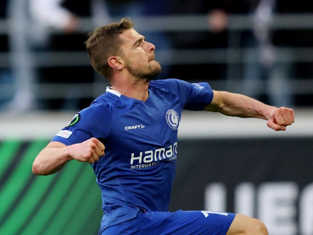 Gent's Hugo Cuypers celebrates scoring their first goal on April 13, 2023