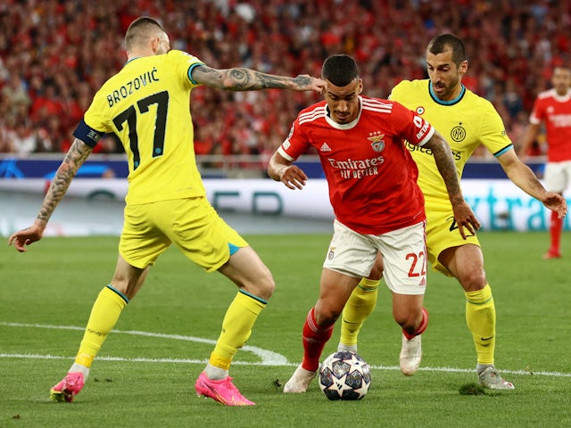 Inter Milan's Marcelo Brozovic and Henrikh Mkhitaryan in action with Benfica's Chiquinho on April 11, 2023