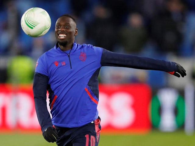 Basel's Jean-Kevin Augustin pictured during the warm up before the match on March 16, 2023