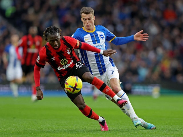 AFC Bournemouth's Jordan Zemura in action with Brighton & Hove Albion's Solly March on February 4, 2023