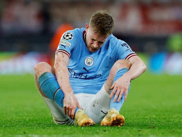 Manchester City's Kevin De Bruyne after sustaining an injury on April 11, 2023