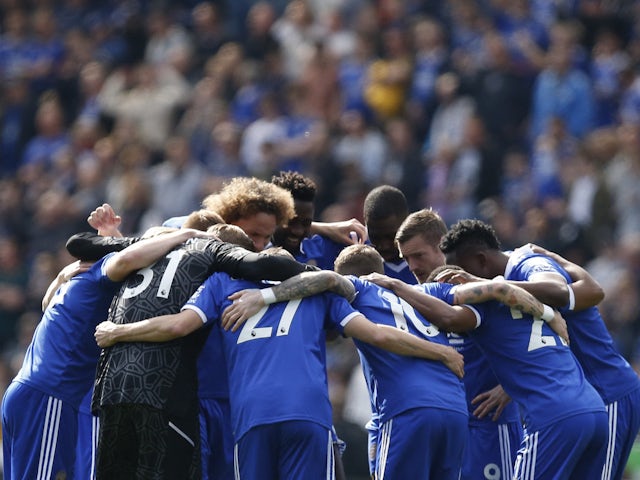 Leicester City players in a huddle before the match on April 8, 2023