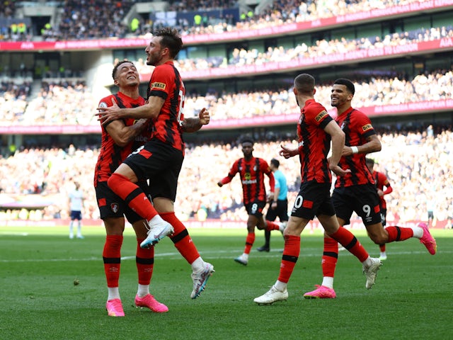 Matias Vina celebrates scoring for Bournemouth on April 15, 2023