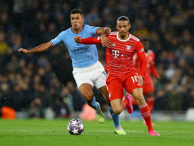 Manchester City's Rodri in action with Bayern Munich's Leroy Sane on April 11, 2023