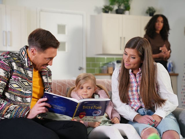 Scott, Miley and Maxine on Hollyoaks on April 14, 2023