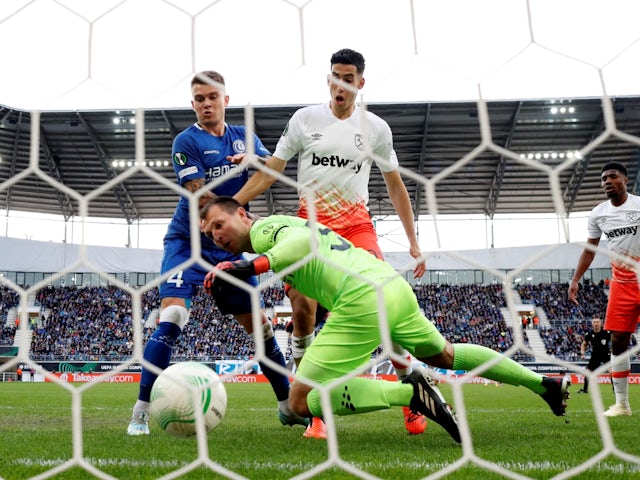 West Ham United's Nayef Aguerd scores a disallowed goal on April 13, 2023