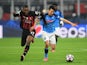 AC Milan's Rafael Leao in action with Napoli's Hirving Lozano on April 12, 2023
