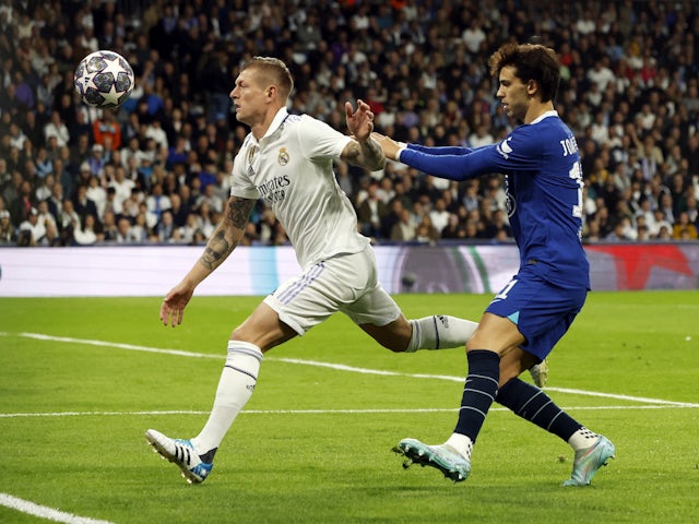 Real Madrid's Toni Kroos in action with Chelsea's Joao Felix on April 12, 2023