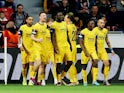 Union Saint-Gilloise's Victor Okoh Boniface celebrates scoring their first goal with teammates on April 13, 2023