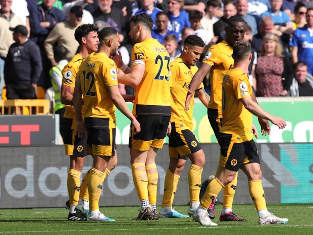 Wolverhampton Wanderers' Matheus Nunes celebrates scoring their first goal with teammates on April 8, 2023