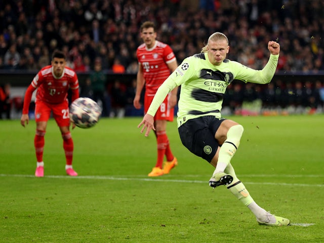 Manchester City's Erling Braut Haaland misses from the penalty spot against Bayern Munich on April 19, 2023