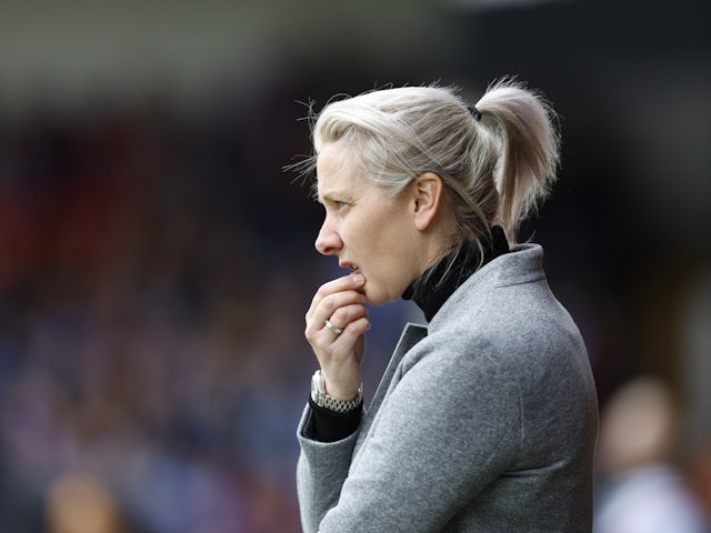 Aston Villa Women manager Carla Ward reacts on April 16, 2023