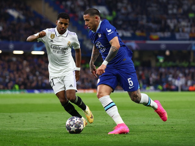 Real Madrid's Rodrygo in action with Chelsea's Enzo Fernandez on April 18, 2023