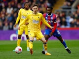 Everton's James Garner in action with Crystal Palace's Jeffrey Schlupp on April 22, 2023
