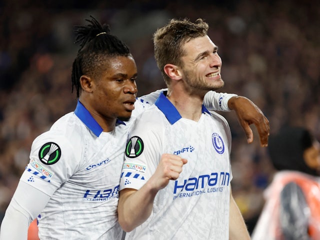 Gent's Hugo Cuypers celebrates scoring their first goal with Gift Orban on April 20, 2023