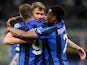 Inter Milan's Nicolo Barella celebrates scoring their first goal with Denzel Dumfries and Edin Dzeko on April 19, 2023