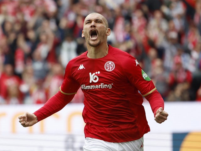 Mainz 05's Ludovic Ajorque celebrates scoring their first goal on April 22, 2023