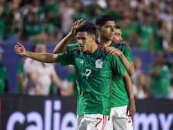 Mexico midfielder Uriel Antuna (7) celebrates with teammates after scoring a goal against USA on April 20, 2023