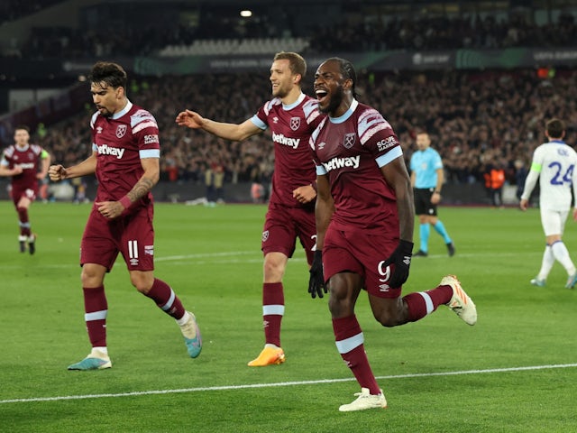 West Ham United's Michail Antonio celebrates scoring their first goal on April 20, 2023