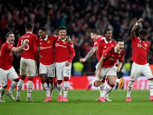 Manchester United celebrate reaching the FA Cup final on April 23, 2023