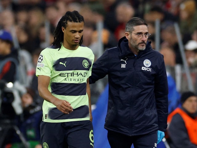 Manchester City's Nathan Ake is substituted off after sustaining an injury on April 19, 2023