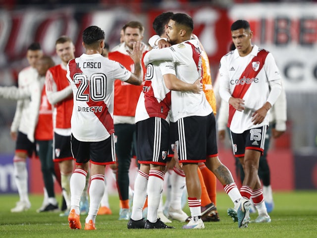 River Plate's Jose Paradela and Paulo Diaz celebrate after the match on April 19, 2023