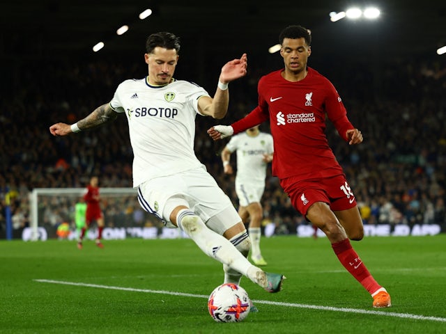 Leeds United's Robin Koch in action with Liverpool's Cody Gakpo on April 17, 2023