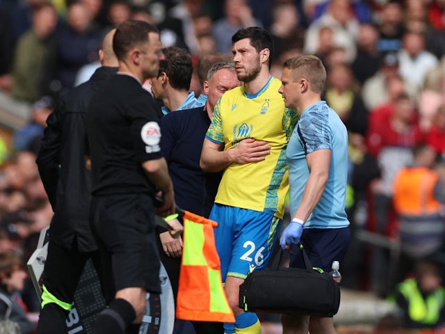 Nottingham Forest's Scott McKenna is substituted after sustaining an injury on April 22, 2023