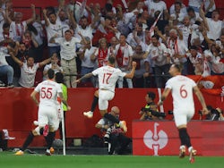 Sevilla's Youssef En-Nesyri celebrates scoring against Manchester United on April 20, 2023
