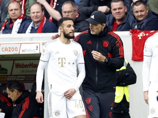 Bayern Munich head coach Thomas Tuchel gives instructions to substitute Noussair Mazraoui on April 8, 2023