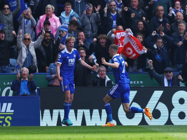 Leicester City's Timothy Castagne celebrates scoring on April 22, 2023
