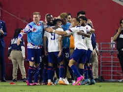 USA forward Jesus Ferreira (9) celebrates with teammates after scoring a goal against Mexico on April 20, 2023
