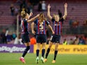 Barcelona Women celebrate beating Chelsea in the Women's Champions League on April 27, 2023