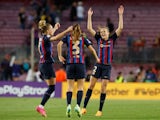 Barcelona Women celebrate beating Chelsea in the Women's Champions League on April 27, 2023