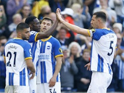 Brighton & Hove Albion celebrate a goal against Wolverhampton Wanderers on April 29, 2023.