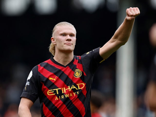 Manchester City's Erling Braut Haaland celebrates after the match on April 30, 2023