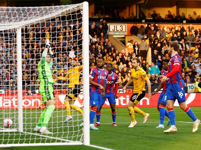 Crystal Palace's Joachim Andersen scores an own goal to put Wolverhampton Wanderers ahead on April 25, 2023