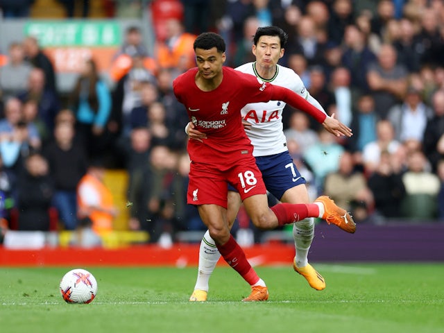 Tottenham Hotspur's Son Heung-min fouls Liverpool's Cody Gakpo on April 30, 2023