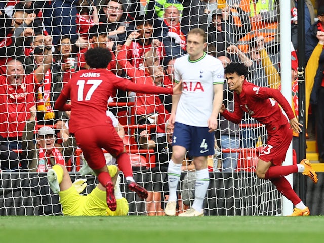 Liverpool's Luis Diaz celebrates scoring against Tottenham Hotspur on April 30, 2023