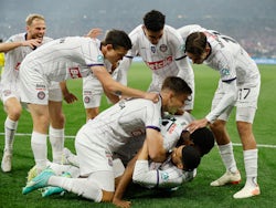 Toulouse players celebrate Logan Costa's goal against Nantes on April 29, 2023