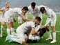 Toulouse players celebrate Logan Costa's goal against Nantes on April 29, 2023