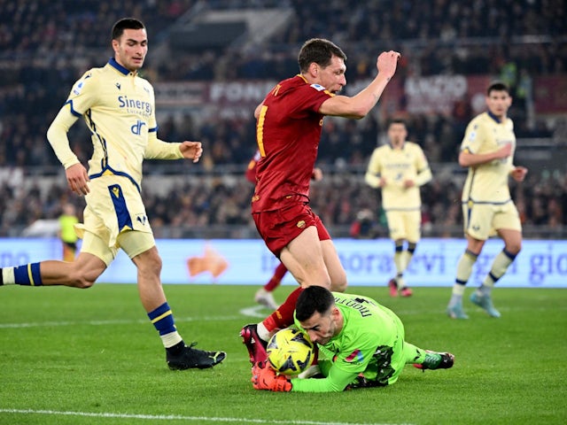  AS Roma's Andrea Belotti in action with Hellas Verona's Lorenzo Montipo on February 19, 2023