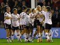 Manchester United Women's Millie Turner celebrates scoring their third goal with teammates on April 28, 2023