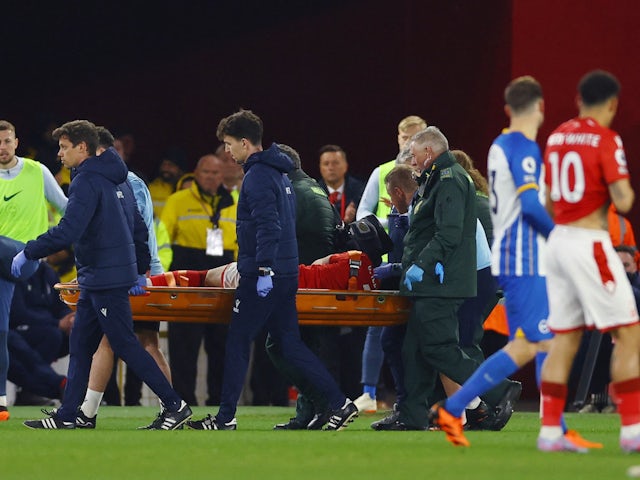 Nottingham Forest's Neco Williams is stretchered off after sustaining an injury on April 26, 2023