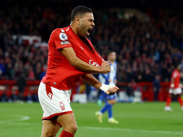 Nottingham Forest's Renan Lodi celebrates after Brighton & Hove Albion's Pascal Gross scores an own goal and the first goal for Nottingham Forest on April 26, 2023